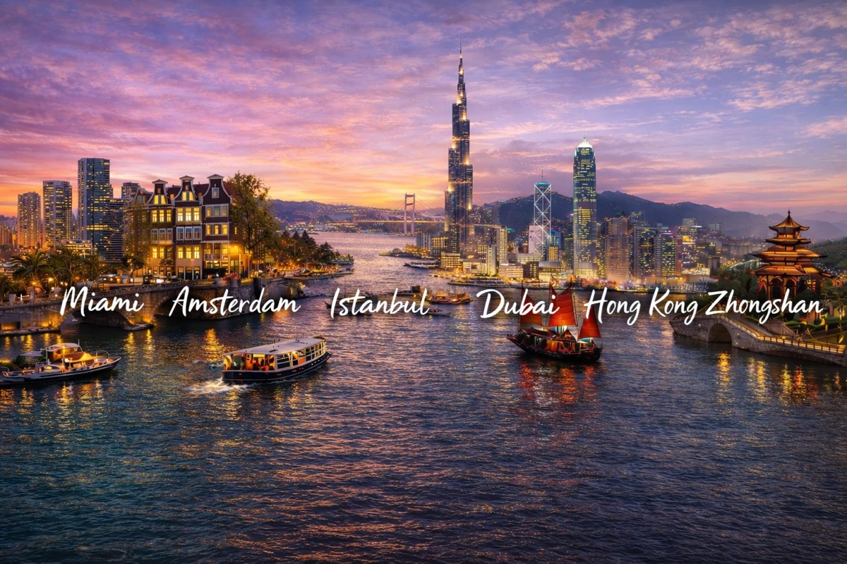 Miami, Amsterdam, Istanbul, Dubai, Hong Kong, Zhongshan